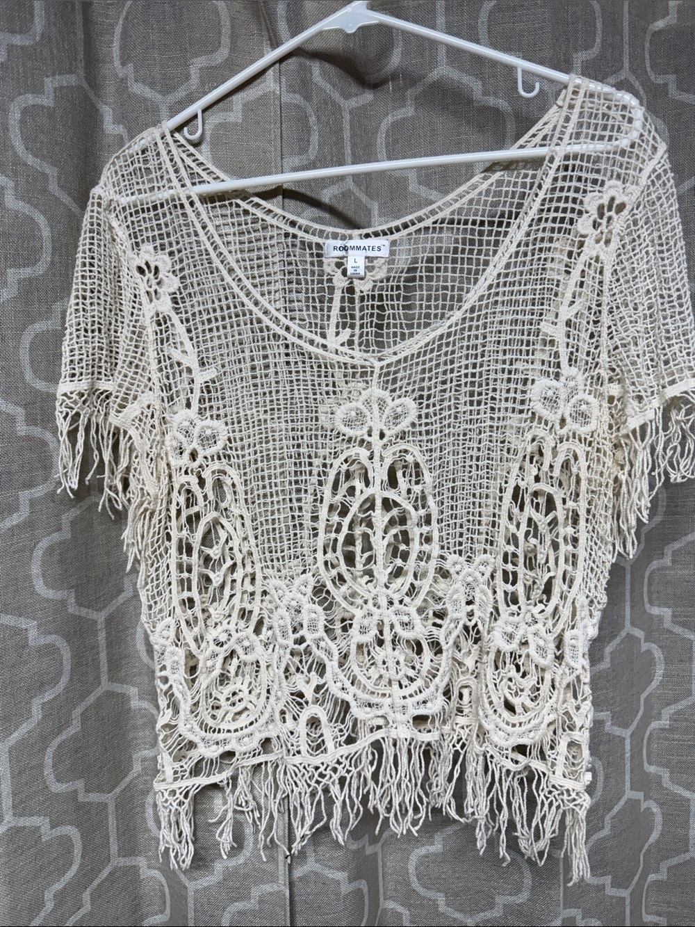 Roommates Cream Crochet Fringe Overlay Top large - Picture 2 of 6
